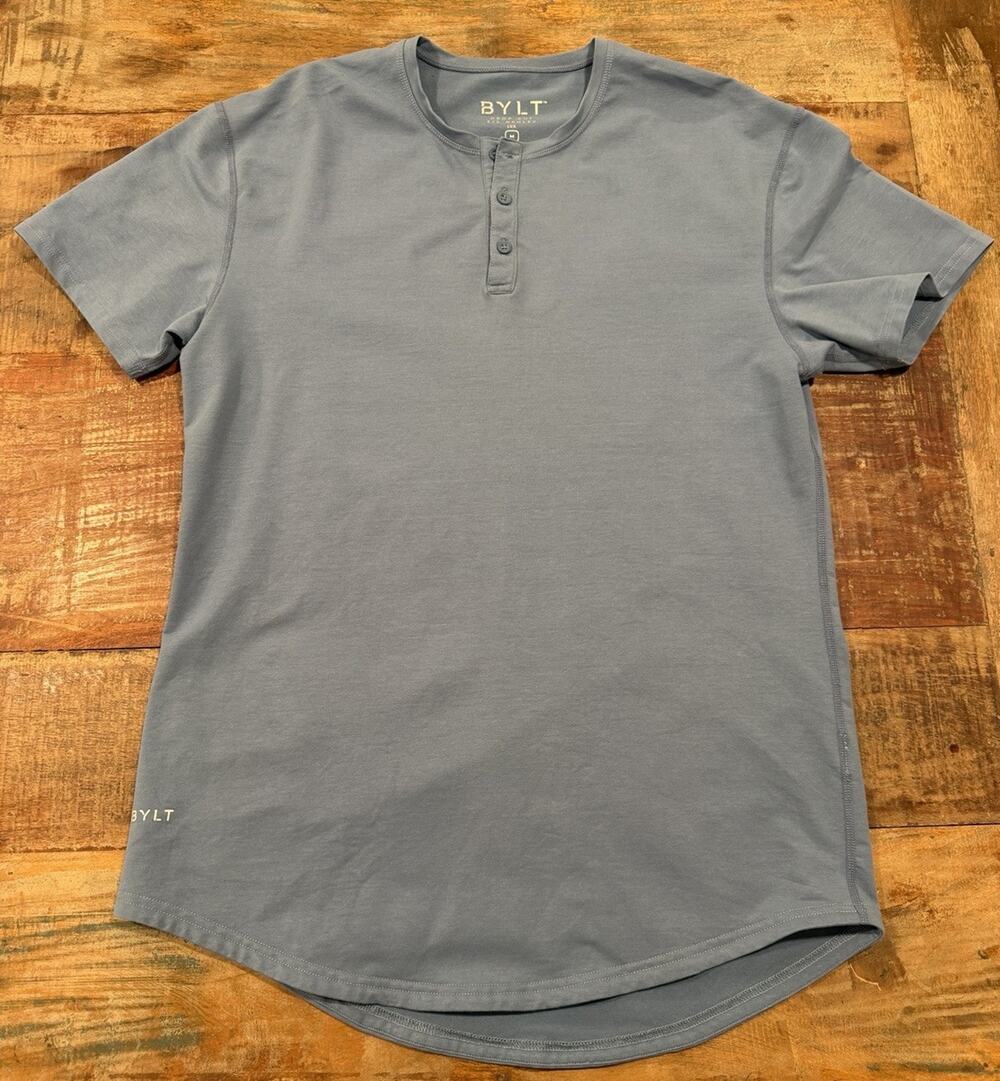 BYLT Basics Drop-Cut Henley Lux Mens M Blue Short Sleeve Curved Hem Shirt